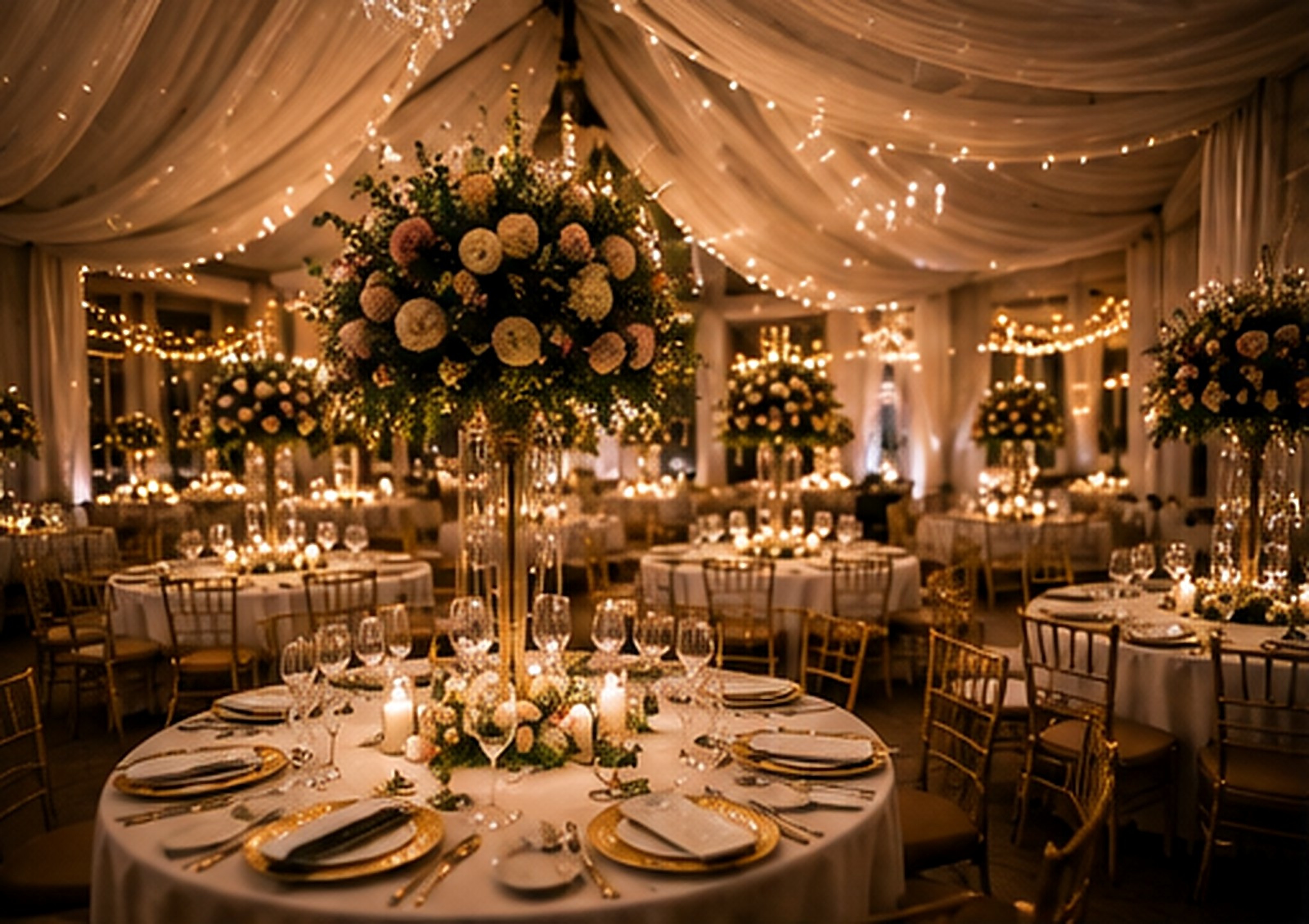 Ivory-draped ballroom glowing with candles and gold florals